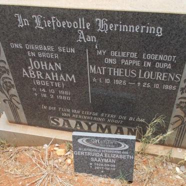 SAAYMAN Mattheus Lourens 1925-1985 &amp; Gertruida Elizabeth 1928-2017 :: SAAYMAN Johan Abraham 1961-1980