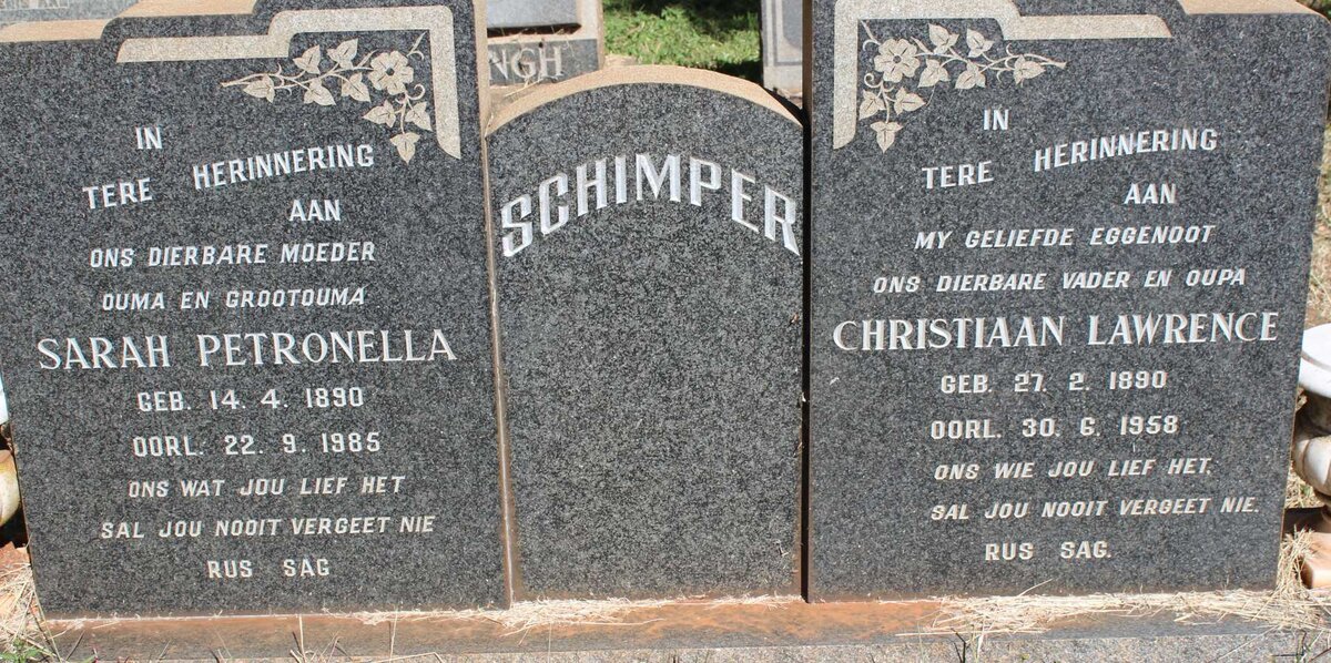 SCHIMPER Christiaan Lawrence 1890-1958 &amp; Sarah Petronella 1890-1985