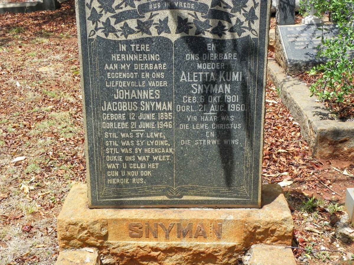 SNYMAN Johannes Jacobus 1895-1946 &amp; Aletta Kumi 1901-1960
