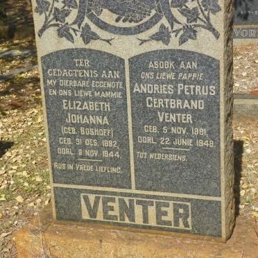 VENTER Andries Petrus Gertbrand 1881-1948 &amp; Elizabeth Johanna BOSHOFF 1882-1944