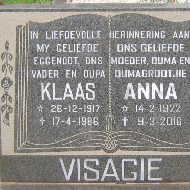 VISAGIE Klaas 1917-1986 &amp; Anna 1922-2016