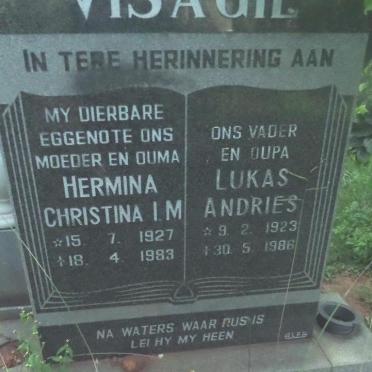 VISAGIE Lukas Andries 1923-1986 &amp; Hermina Christina I.M. 1927-1983