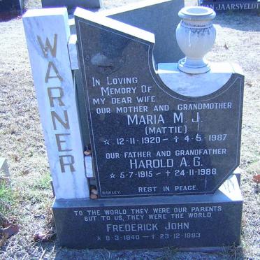 WARNER Harold A.G. 1915-1988 &amp; Maria M.J. 1920-1987 :: WARNER Frederick John 1940-1993