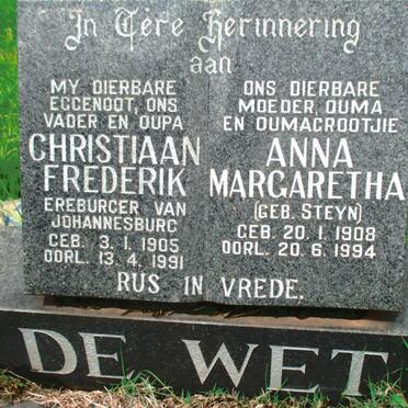 WET Christiaan Frederik, de 1905-1991 &amp; Anna Margaretha STEYN 1908-1994