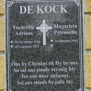 KOCK Frederick Adriaan, de 1936-2011 &amp; Magarieta Petronella 1942-