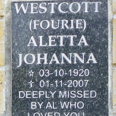 WESTCOTT Aletta Johanna nee FOURIE 1920-2007