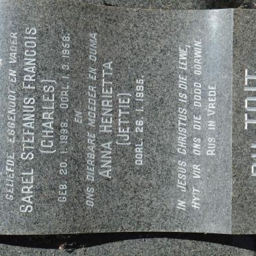 TOIT Sarel Stefanus Francois, du 1898-1958 &amp; Anna Henrietta -1995