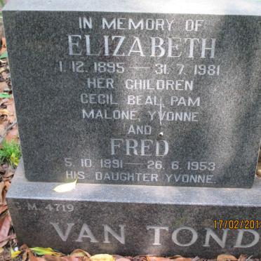 TONDER Fred, van 1891-1953 &amp; Elizabeth 1895-1981