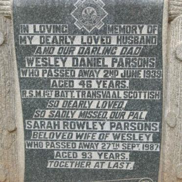 PARSONS Wesley Daniel -1939 &amp; Sarah Rowley -1987