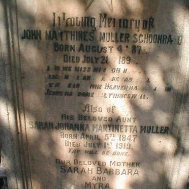 SCHOONRAAD John Marthines Muller 1876-1896 &amp; Sarah Johanna Martinetta MULLER 1847-1919