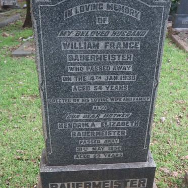 BAUERMEISTER William France -1930 &amp; Hendrika Elizabeth -1950