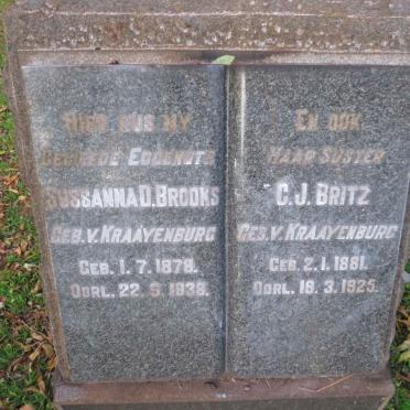 BROOKS Sussanna D. nee V. KRAAYENBURG 1878-1938 :: BRITZ C.J. nee V. KRAAYENBURG 1881-1925