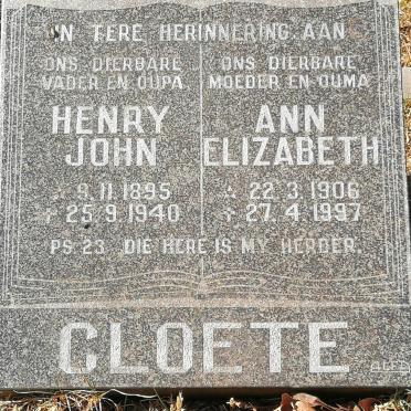 CLOETE Henry John 1895-1940 &amp; Ann Elizabeth 1906-1997