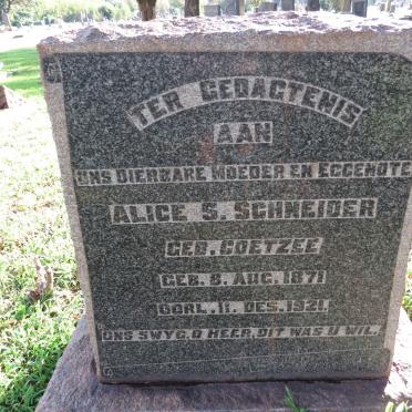 SCHNEIDER Alice S. nee COETZEE 1871-1921
