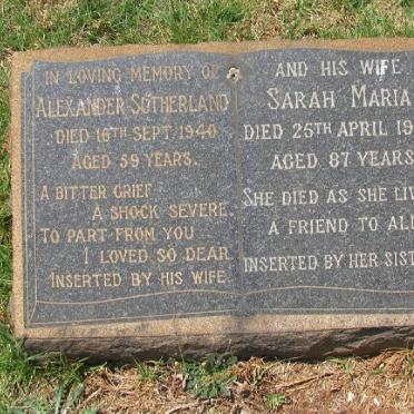 SUTHERLAND Alexander -1940 &amp; Sarah Maria -1968