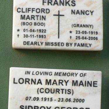 FRANKS Clifford Martin 1922-1993 &amp; Nancy 1919-2006 :: MAINE Sidroy George 1910-1998 &amp; Lorna Mary COURTIS 1915-2000