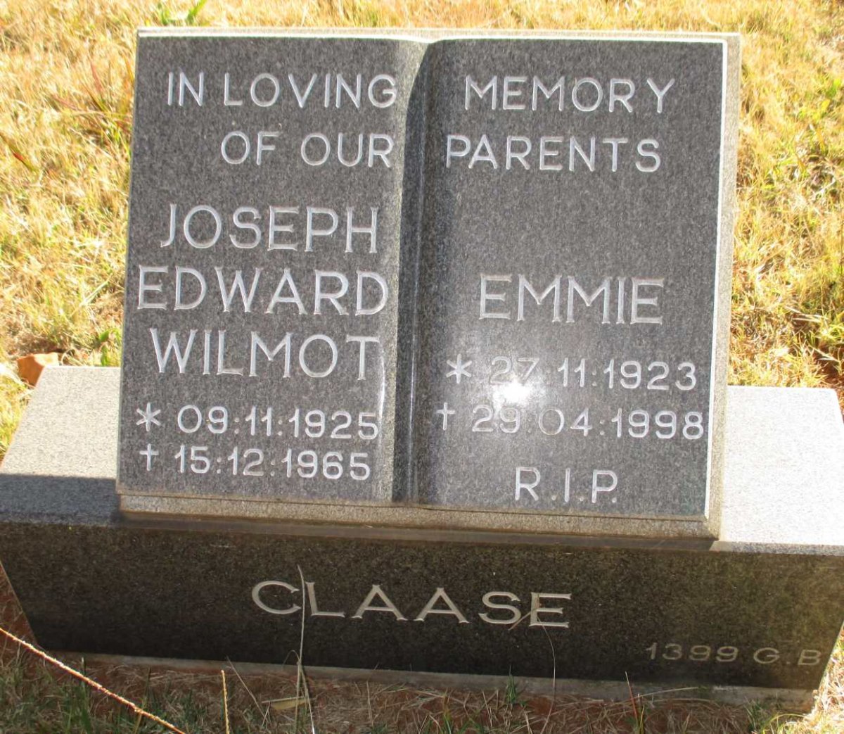 CLAASE Joseph Edward Wilmot 1925-1965 &amp; Emmie 1923-1998