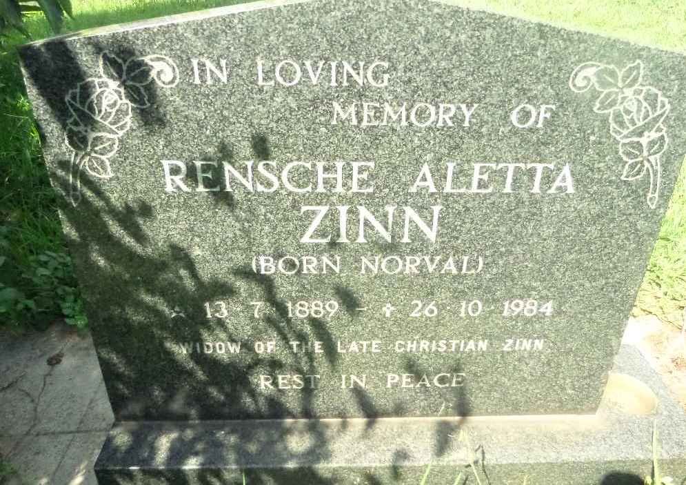 ZINN Rensche Aletta nee NORVAL 1889-1984