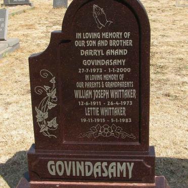 GOVINDASAMY Darryl Anand 1973-2000 :: WHITTAKER William Joseph 1911-1973 &amp; Lettie 1915-1983