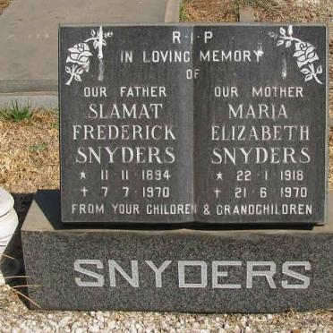 SNYDERS Slamat Frederick 1894-1970 &amp; Maria Elizabeth 1918-1970