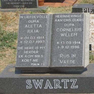 SWARTZ Cornelius Willem 1914-1996 &amp; Aletta Julia 1914-1992