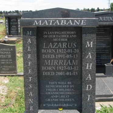 MATABANE Lazarus 1922-1991 &amp; Mirrian 1927-2001