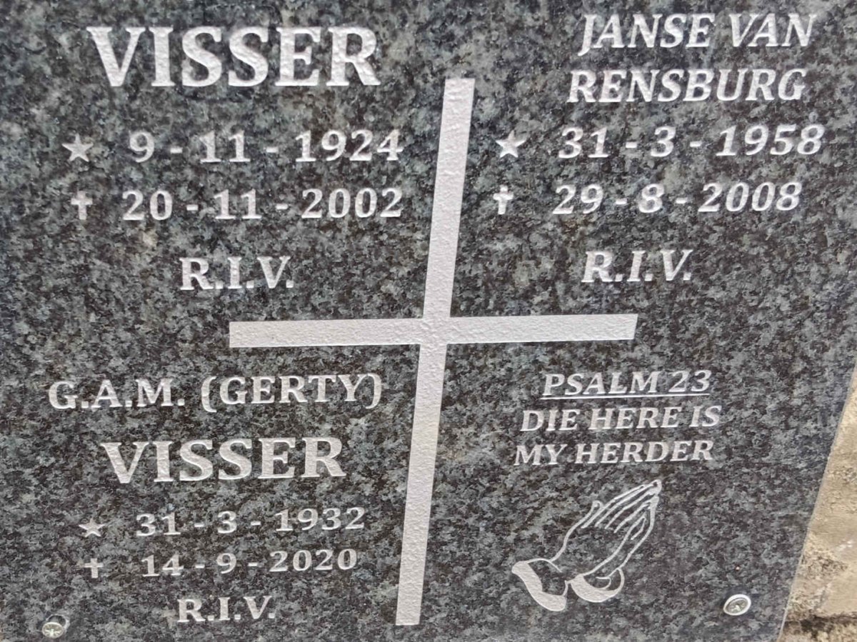 VISSER ? 1924-2002 & G.A.M. 1932-2020 :: JANSE VAN RENSBURG ? 1958-2008