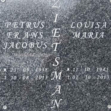 ZIETSMAN Petrus Frans Jacobus 1938-2013 & Louisa Maria 1945-2013