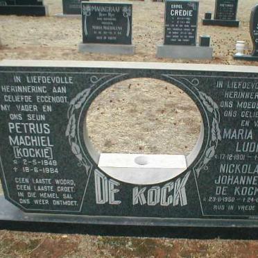 KOCK Petrus Machiel, de 1949-1984 :: DE KOCK Nickolaas Johannes 1950-1986 :: DE KOCK Maria Ellen nee LUDICK 1901-1986