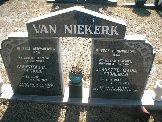 NIEKERK Christoffel Petrus, van 1936-1989 &amp; Jeanette Maria FRONEMAN 1942-1999