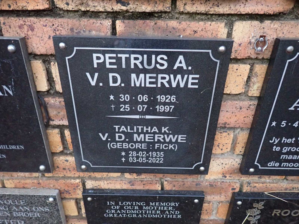 MERWE Petrus A., v.d. 1926-1997 &amp; Talitha K. FICK 1935-2022