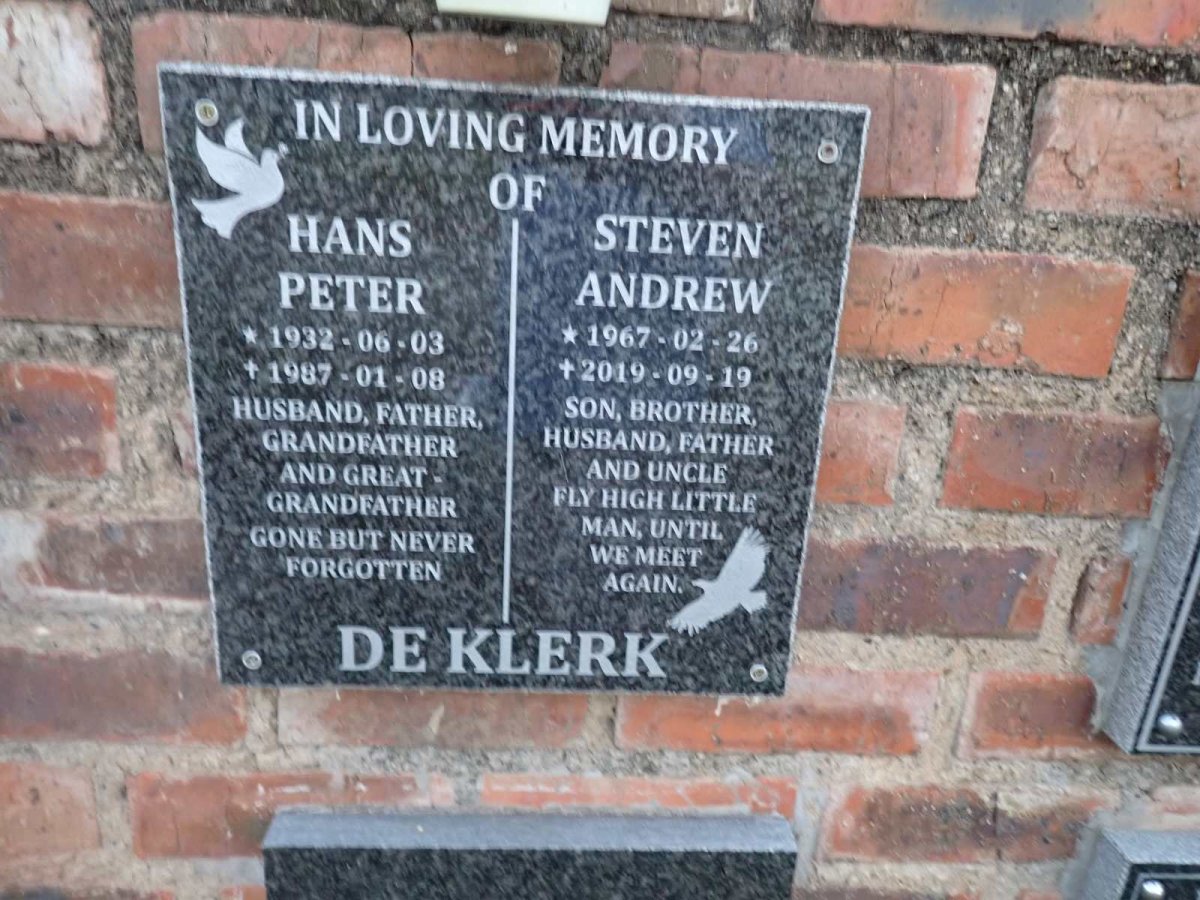 KLERK Hans Peter, de 1932-1987 :: DE KLERK Steven Andrew 1967-2019