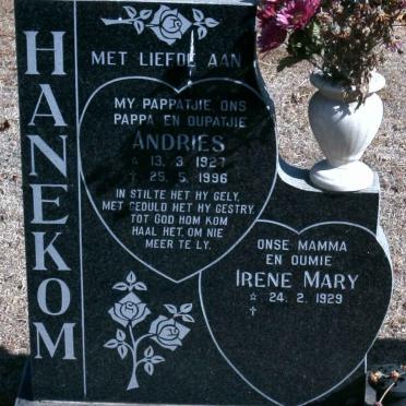 HANEKOM Andries 1927-1996 &amp; Irene Mary 1929-