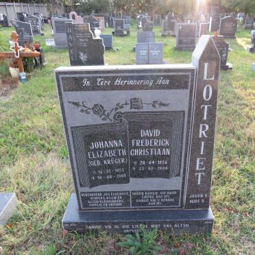 LOTRIET David Frederick Christiaan 1926-2008 &amp; Johanna Elizabeth KRUGER 1923-2005