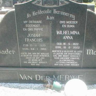 MERWE Josiah Francois, van der 1920-1966 &amp; Wilhelmina Anna 1922-2002