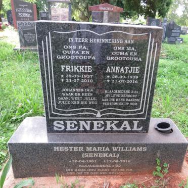 SENEKAL Frikkie 1937-2010 &amp; Annatjie 1939-2016 :: WILLIAMS Hester Maria nee SENEKAL 1961-2016