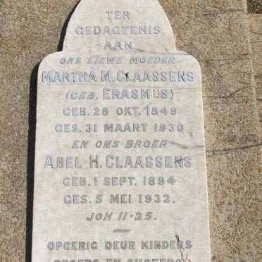 CLAASSENS Martha M. nee ERASMUS 1849-1930 :: CLAASSENS Abel H. 1894-1932 
