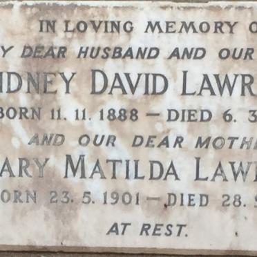 LAWRENCE Sidney David 1888-1963 &amp; Mary Matilda 1901-1974