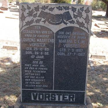 VORSTER Lourens Maartens 1889-1936 &amp; Martha C.E.M. 1887-1967