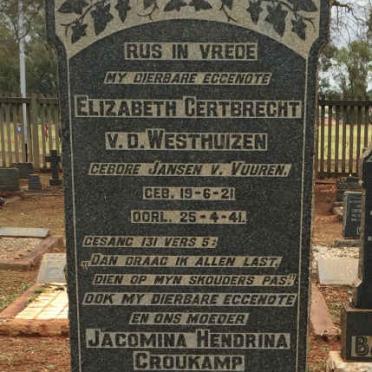WESTHUIZEN Elizabeth Gertbrecht, v.d. nee JANSEN V. VUUREN 1921-1941