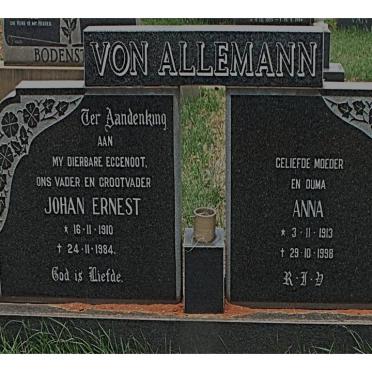 ALLEMANN Johan Ernest, von 1910-1984 &amp; Anna 1913-1998