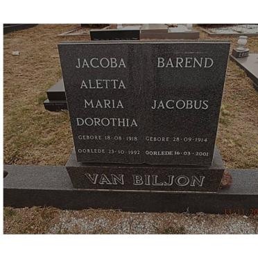BILJON Barend Jacobus, van 1914-2001 &amp; Jacoba Aletta Maria Dorothia 1918-1992