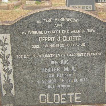 CLOETE Gerrit J. -1950 &amp; Hester M.A. PETZER 1893-1976