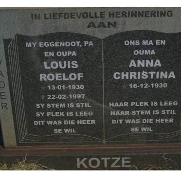 KOTZE Louis Roelof 1930-1997 &amp; Anna C 1930-