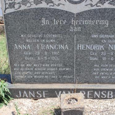 RENSBURG Hendrik Nicolaas, Janse van 1903-1977 &amp; Anna Francina 1912-1971