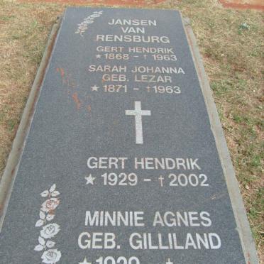 RENSBURG Gert Hendrik, Jansen van 1868-1963 &amp; Sarah Johanna LEZAR 1871-1963