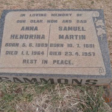 SAMMONS Samuel Martin 1881-1957 &amp; Anna Hendrina 1889-1964
