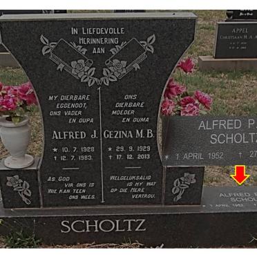 SCHOLTZ Alfred J. 1928-1983 &amp; Gezina M.B. 1929-2013 :: SCHOLTZ Alfred P.J. 1952-2012