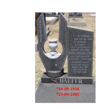 SCHAEFER Anna Magdalena nee VAN NIEKERK 1938-1985