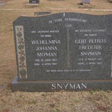 SNYMAN Gert Petrus Frederik 1917-1957 &amp; Wilhelmina Johanna 1907-1997
